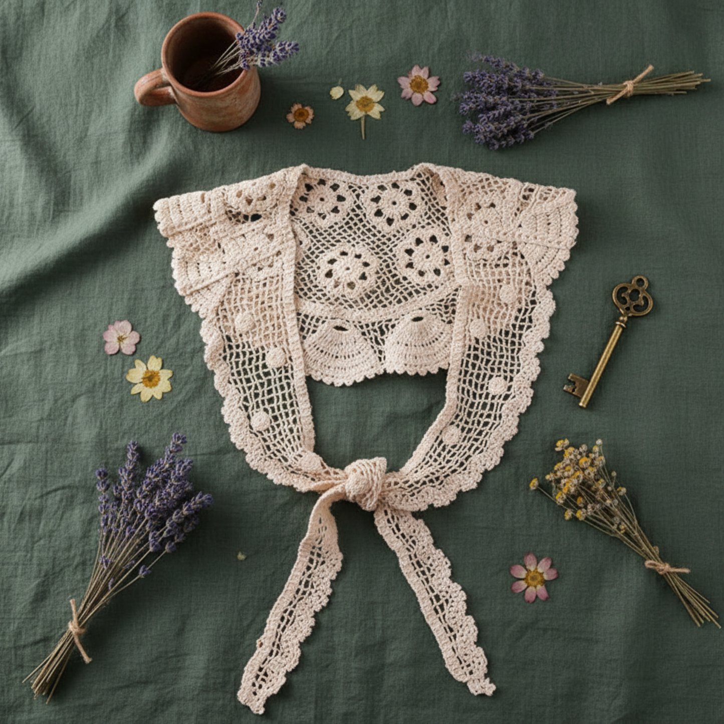 Apricot crochet lace shawl flat lay on dark background