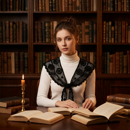 Woman wearing black crochet lace shawl over turtleneck in library
