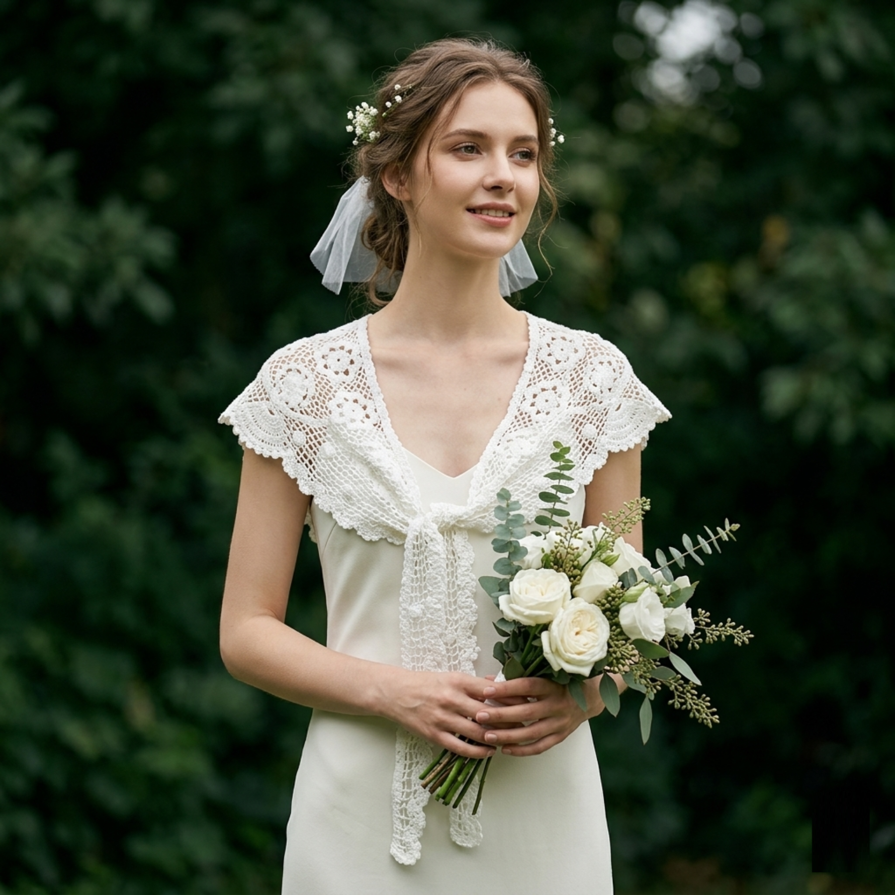 Bride wearing white crochet lace shawl with veil in garden