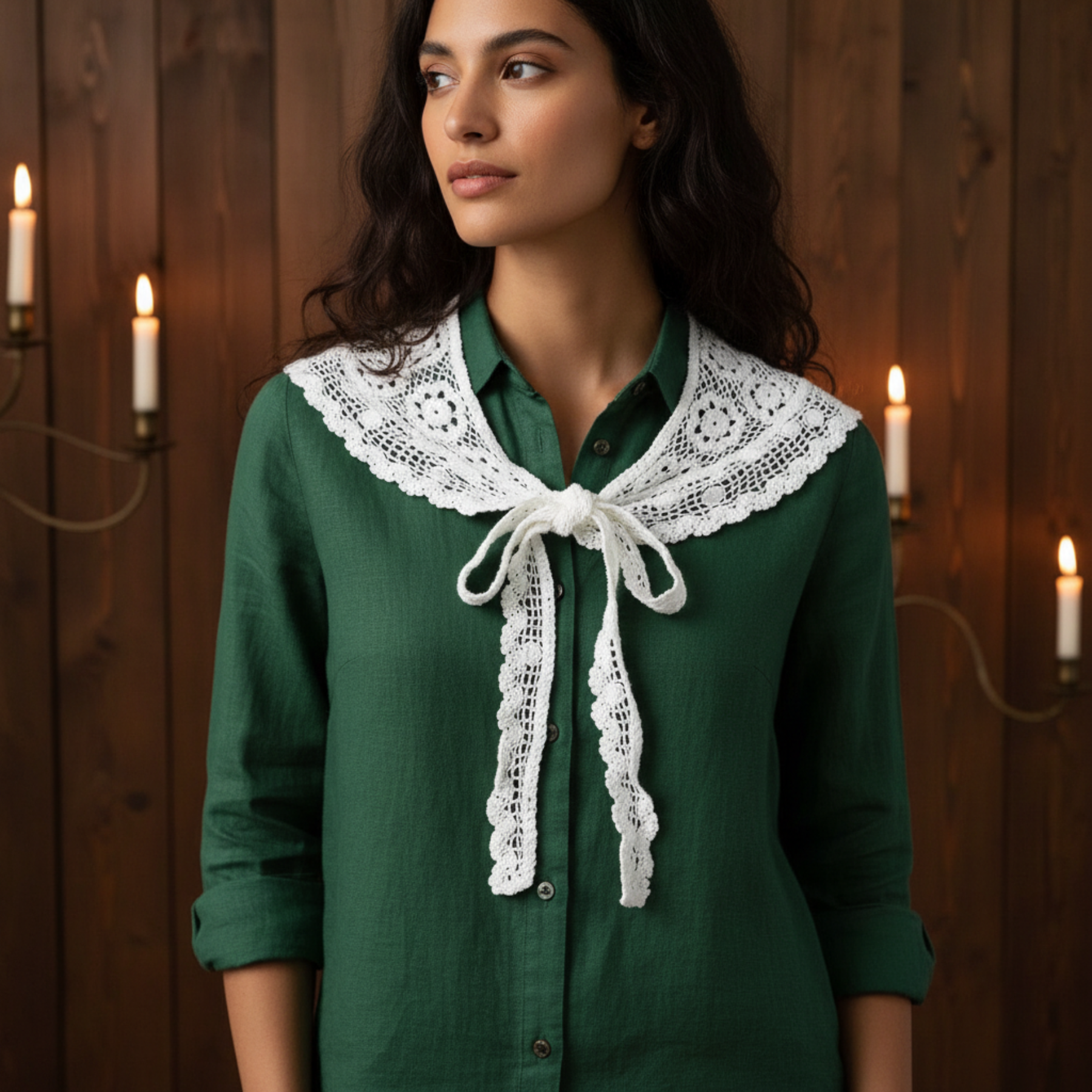 Woman wearing crochet lace shawl over green shirt by candlelight
