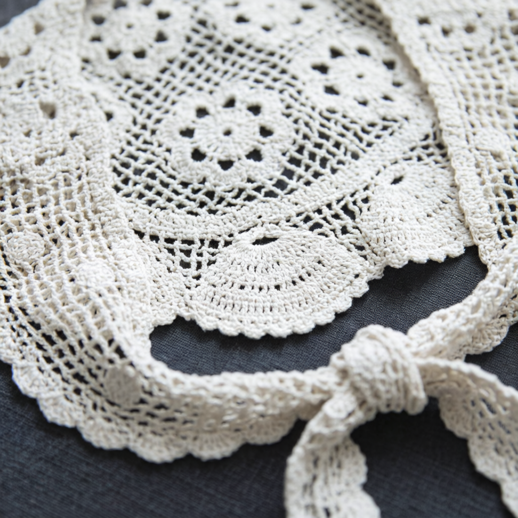 White crochet lace shawl flat lay on navy fabric