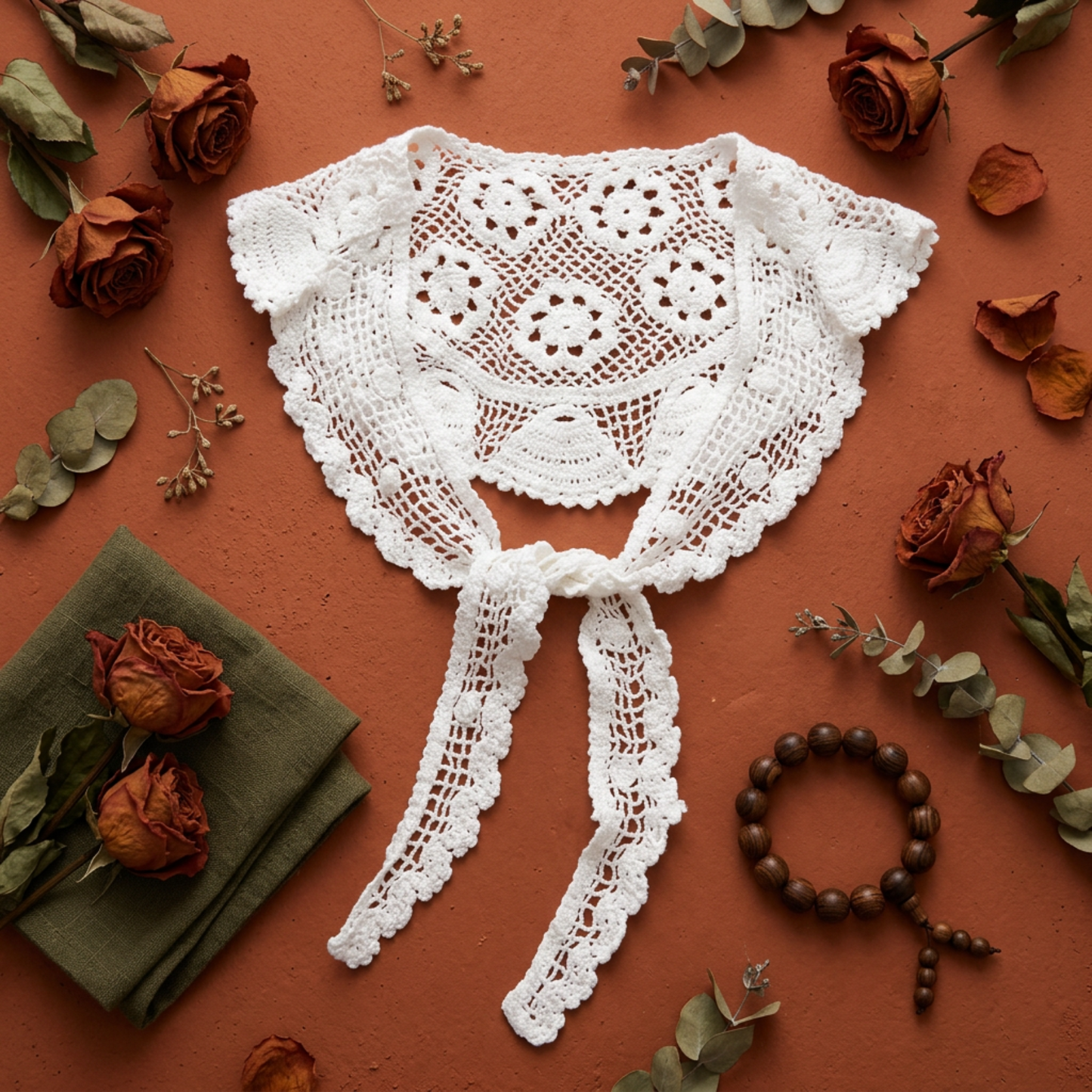 White crochet lace shawl flat lay on rust background with leaves