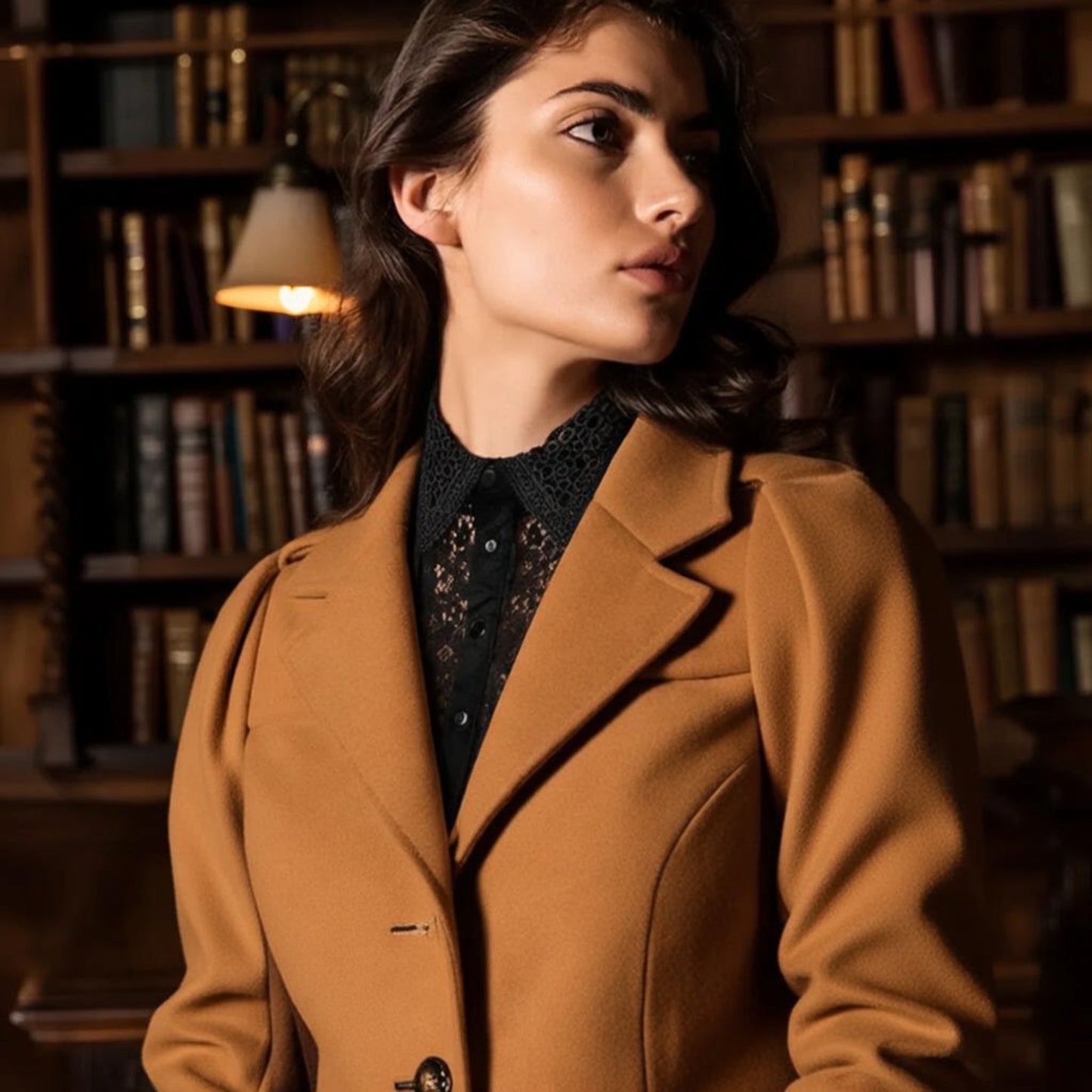 Woman wearing black lace collar with tan coat in library setting