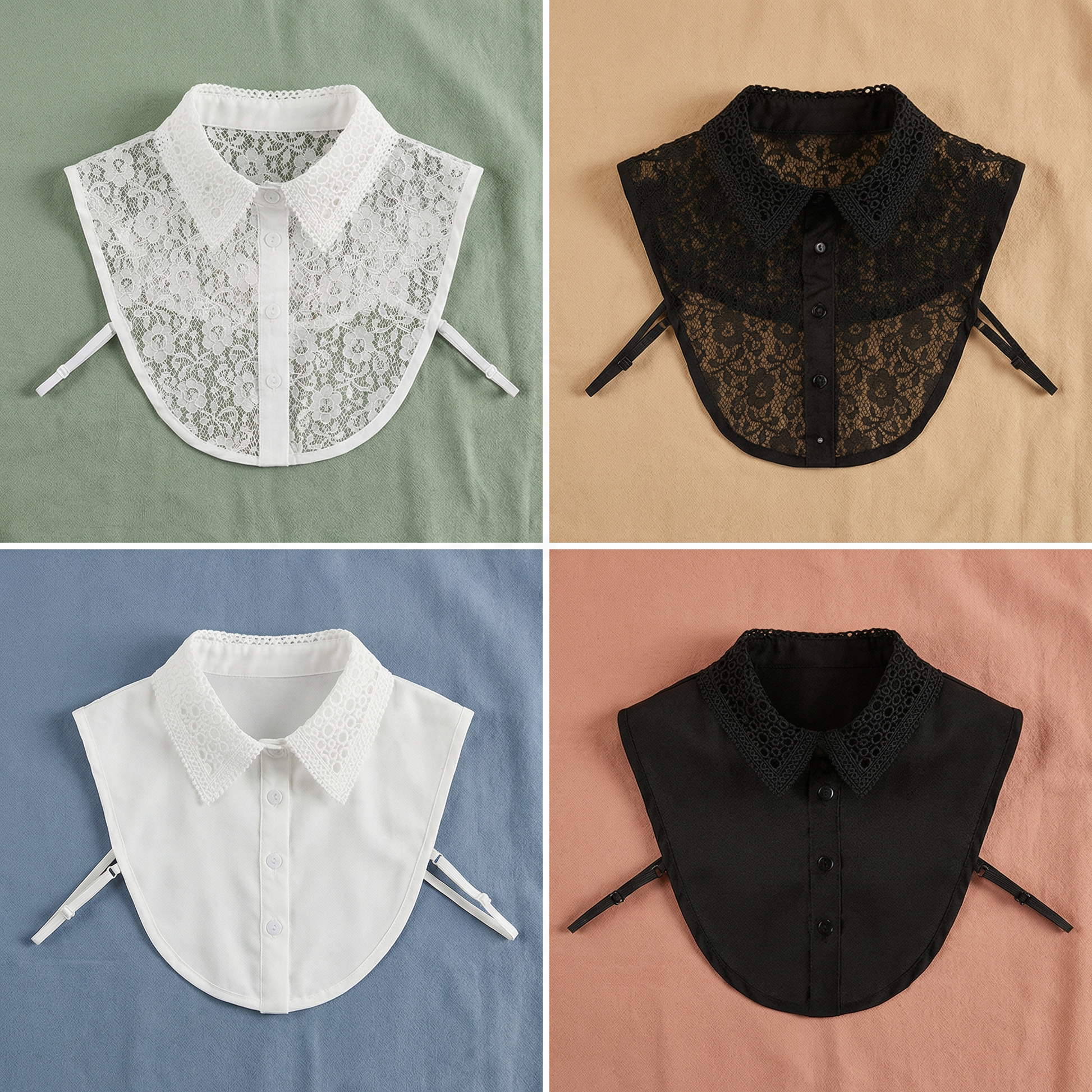Four detachable lace collar styles shown in a grid, white and black