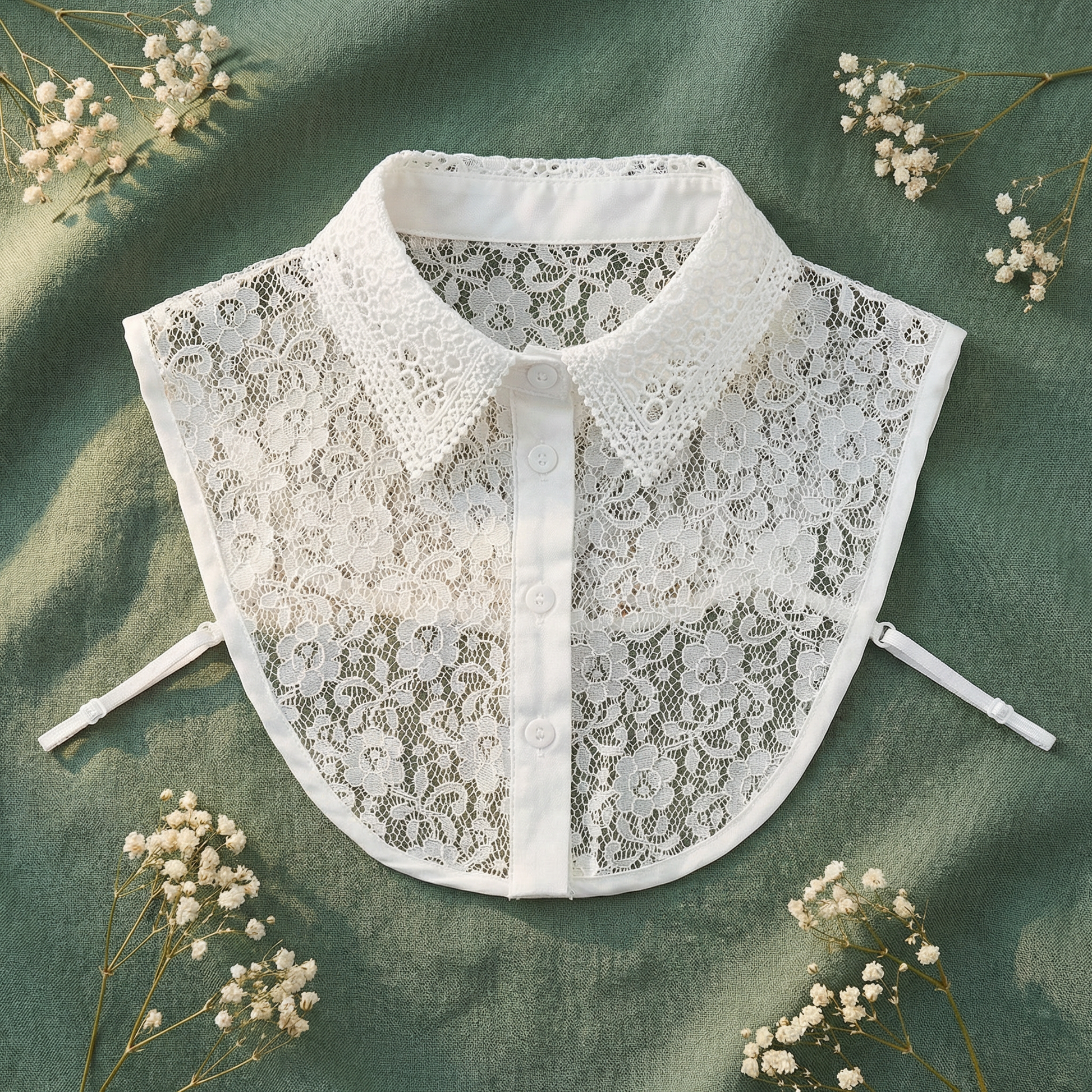 White detachable lace collar flat lay on green fabric
