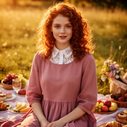 Woman wearing white lace collar with pink dress at a picnic