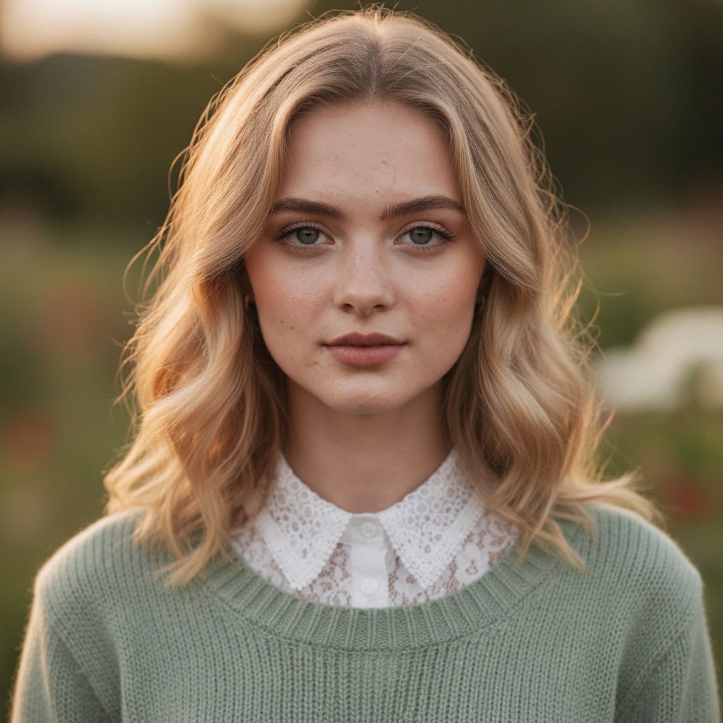 Woman wearing white lace collar over sage green sweater