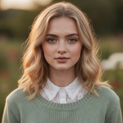 Woman wearing white lace collar over sage green sweater