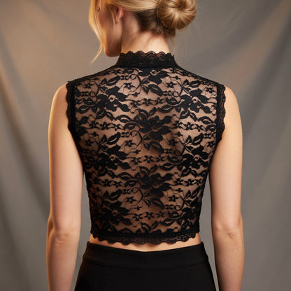 Back view of black floral lace crop top