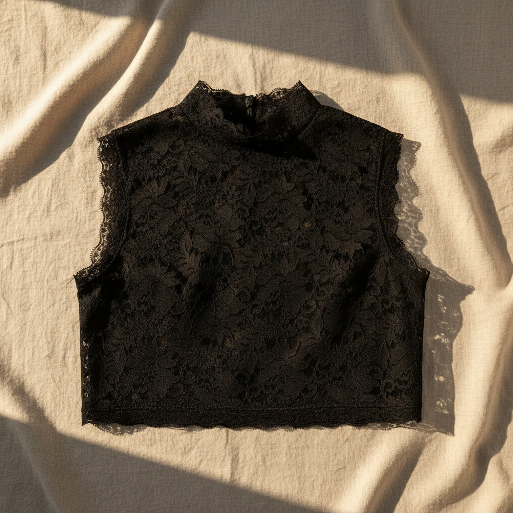 Black floral lace crop top flat lay on fabric