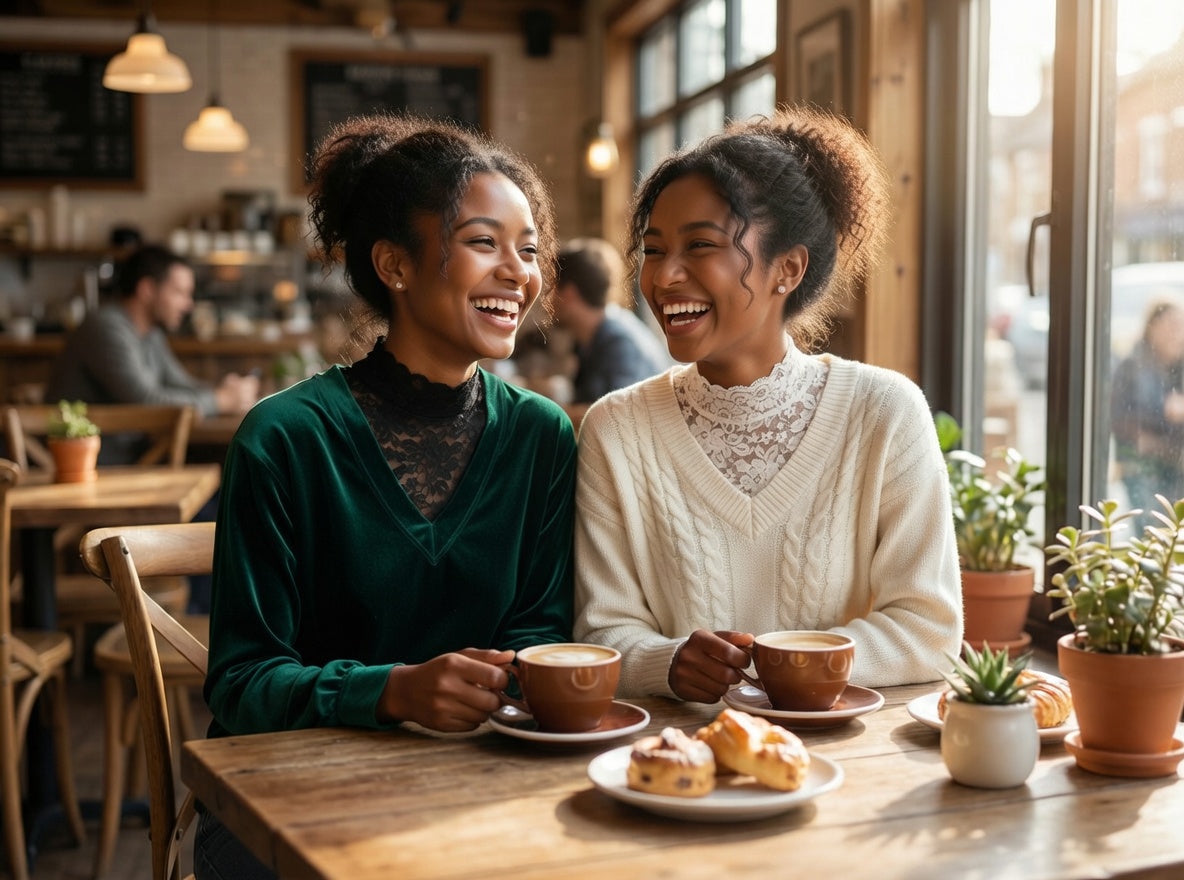 Woman wearing lace crop top in a cafe lifestyle setting