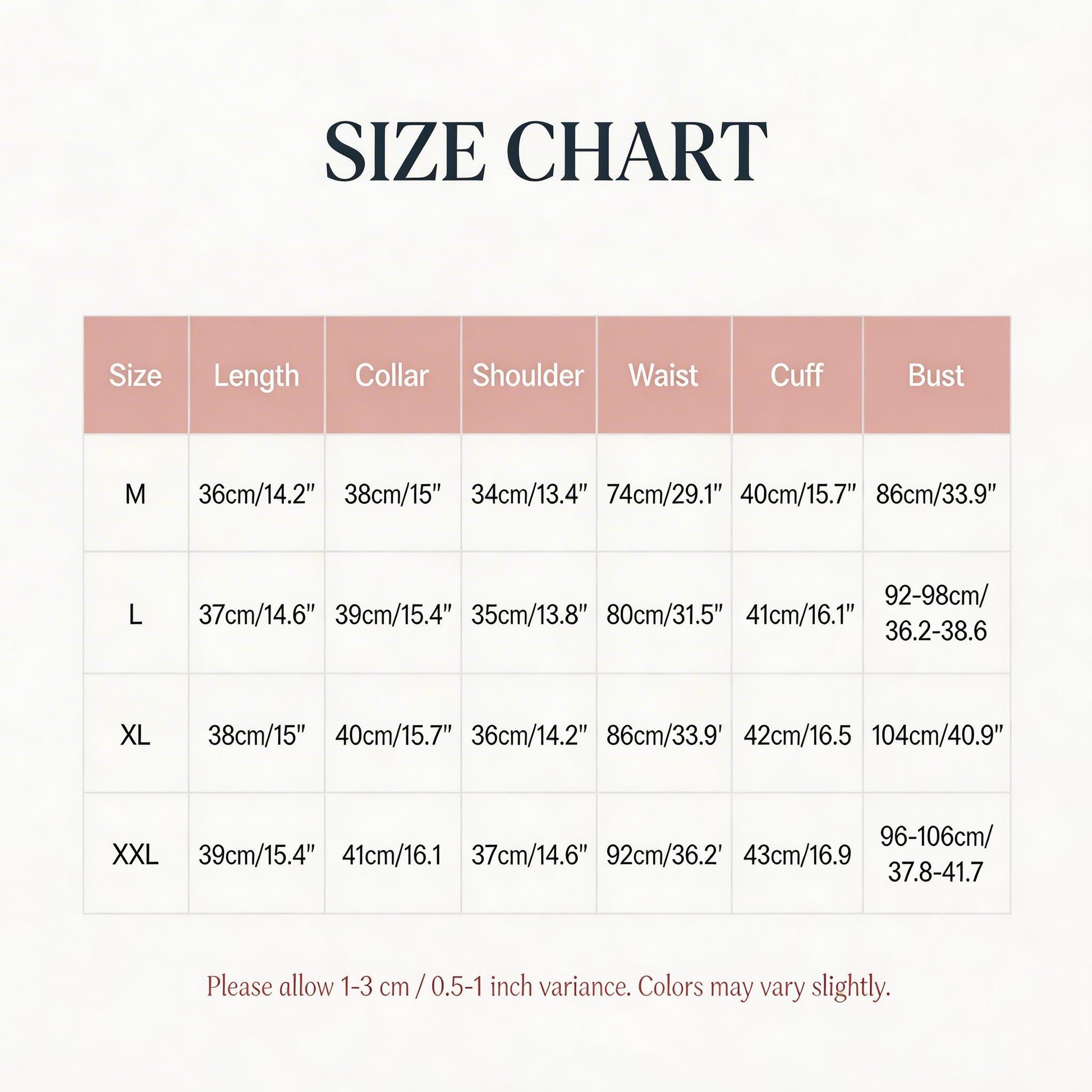 Size chart for detachable lace collar top, sizes M to XXL