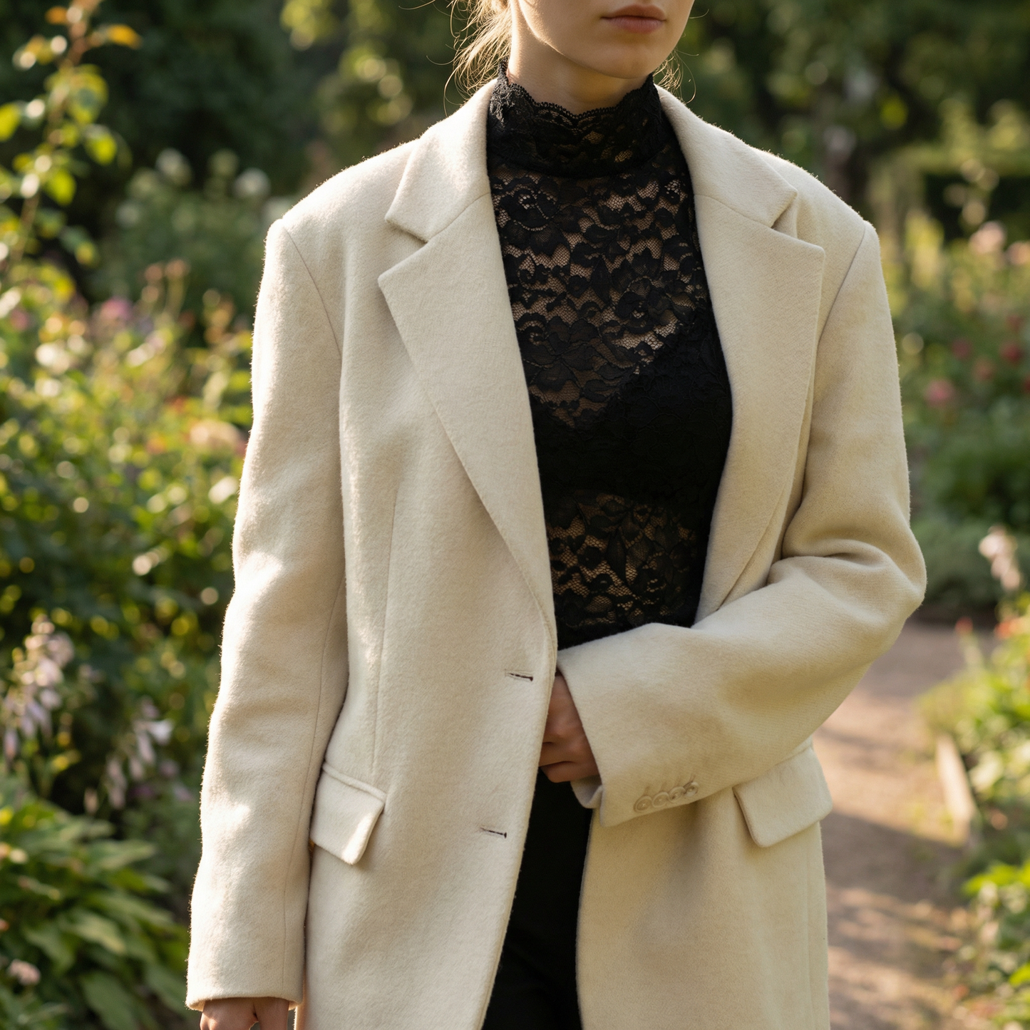 Woman wearing white lace crop top with cream blazer in garden, side view