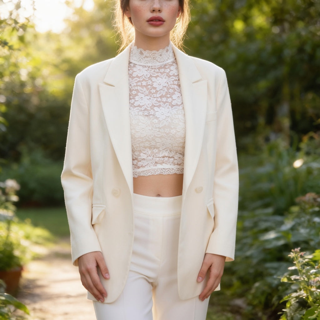 Woman wearing white lace crop top with cream blazer in garden