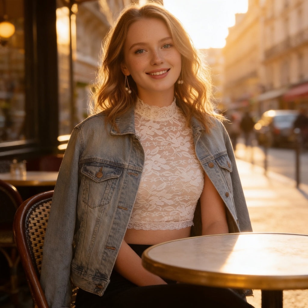 Woman wearing white lace crop top with denim jacket at cafe