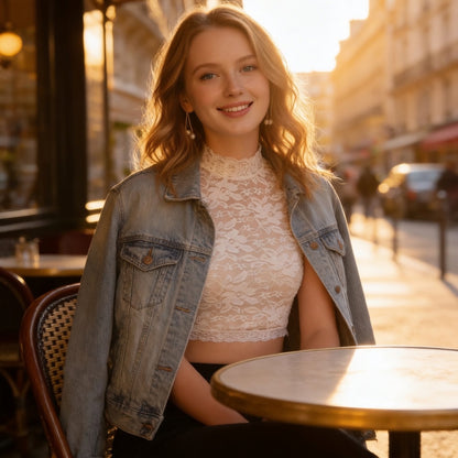 Woman wearing white lace crop top with denim jacket at cafe