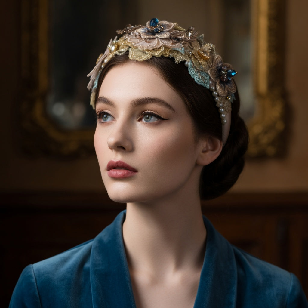 Woman wearing blue floral lace headband, dark portrait