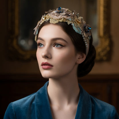 Woman wearing blue floral lace headband, dark portrait