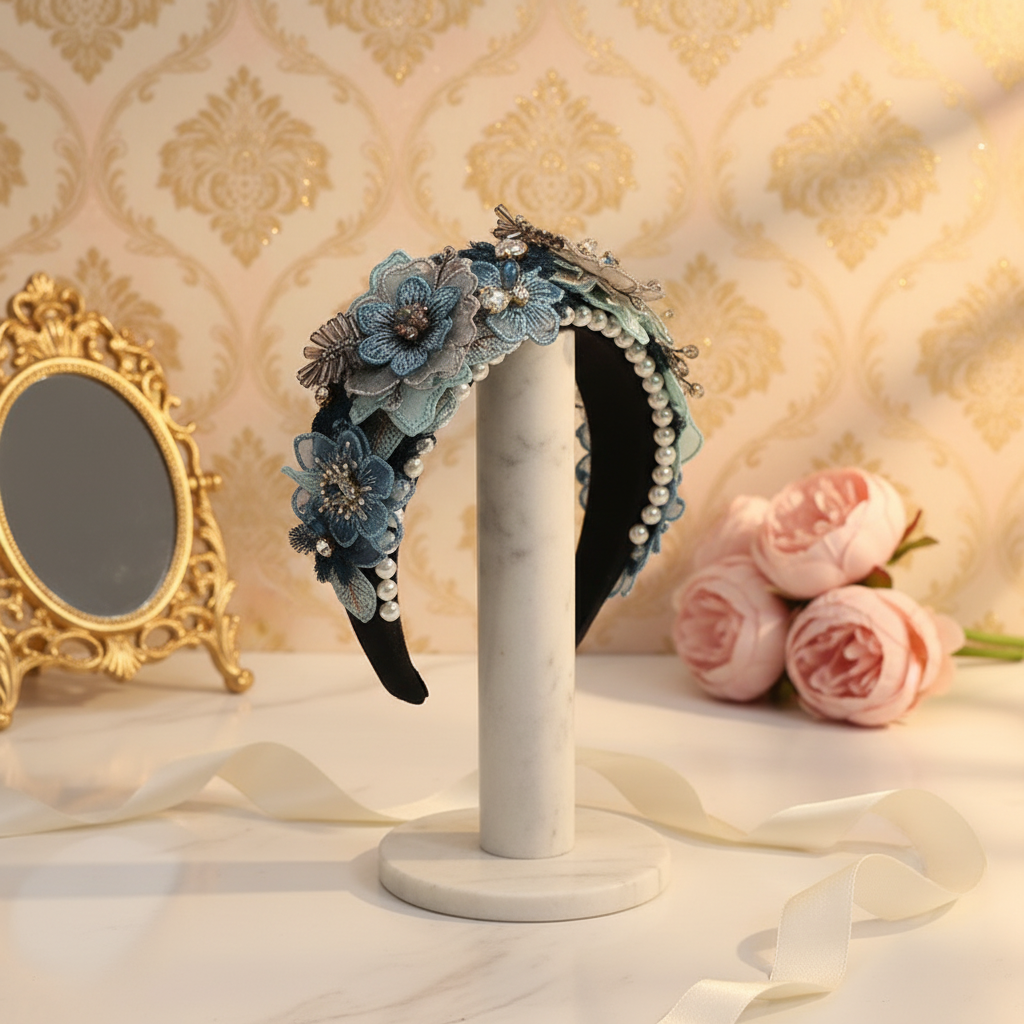 Blue floral lace headband with mirror and pink roses