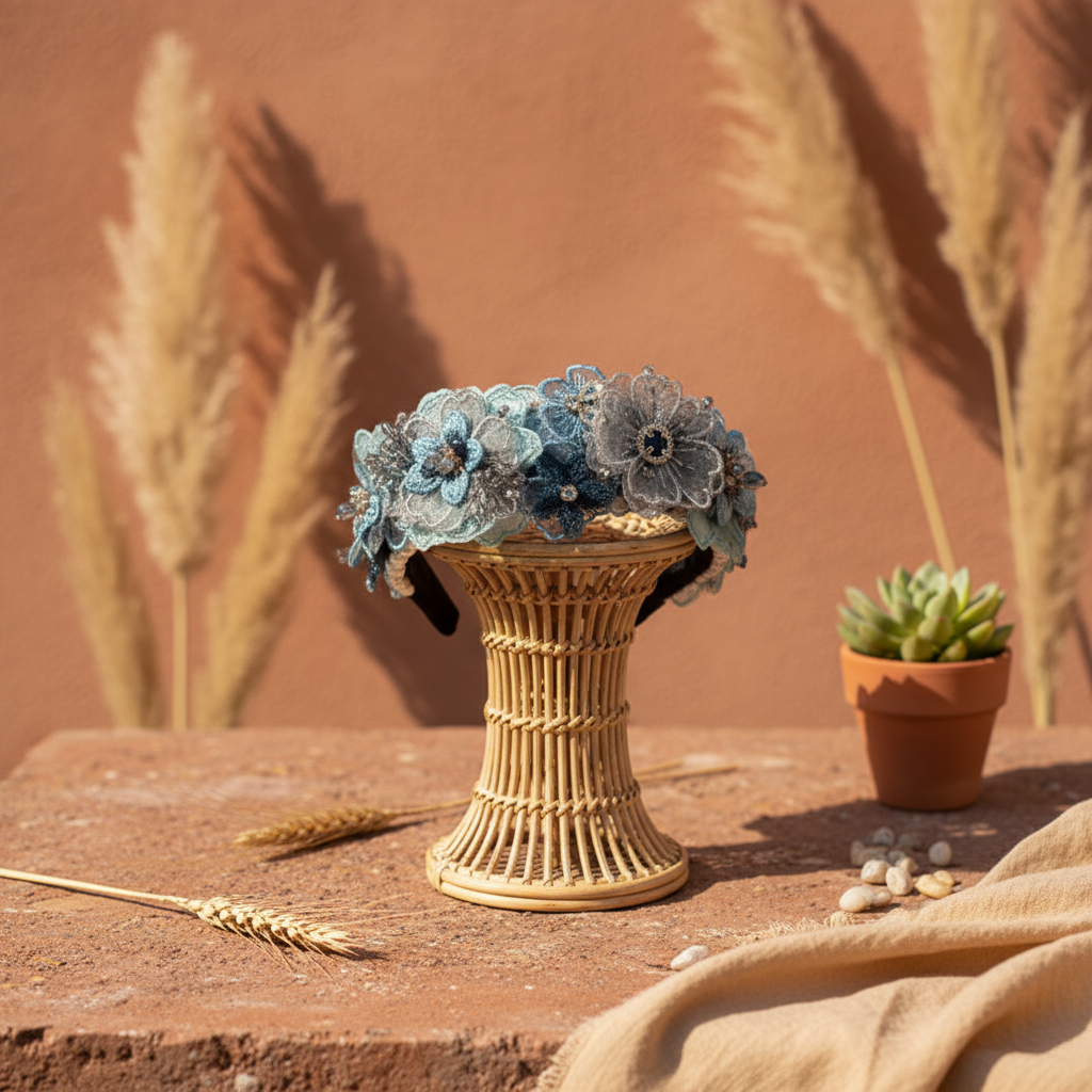 Blue floral lace headband on wicker stand with pampas grass