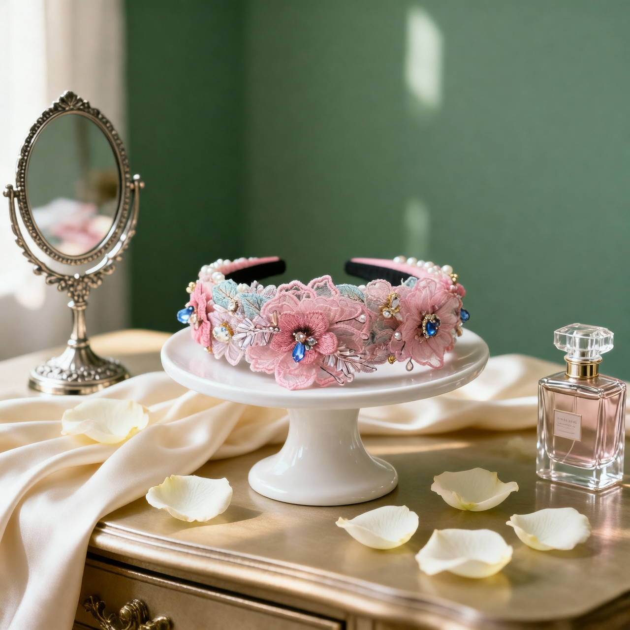Pink floral lace headband near cake stand and mirror