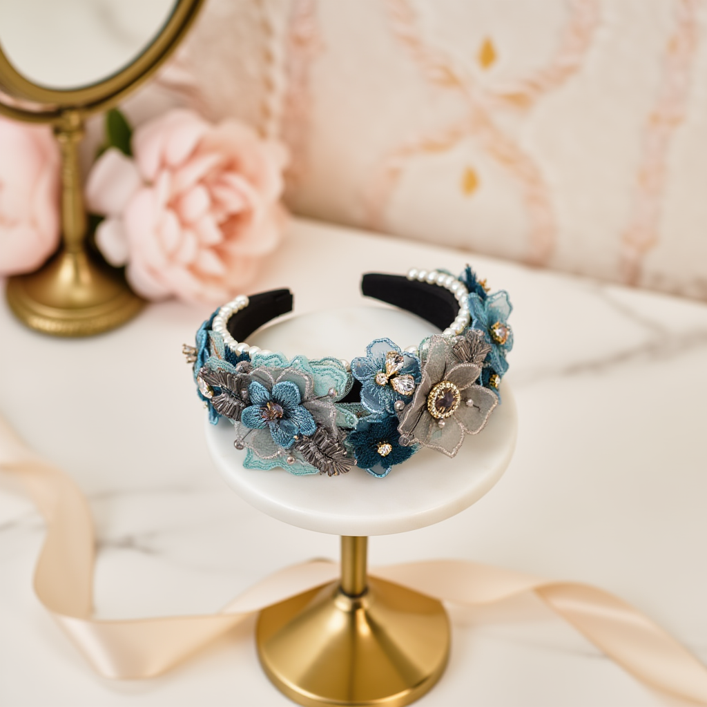 Pink floral lace headband flat lay on pink fabric