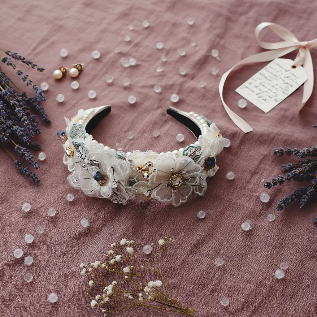 White floral lace headband flat lay on pink fabric with pearls