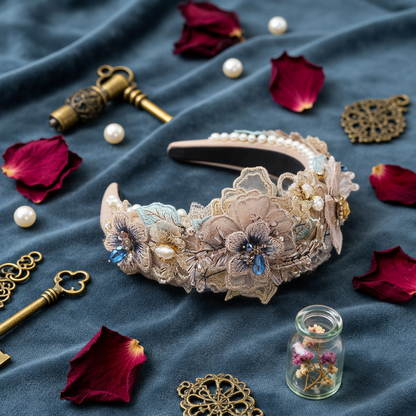 White floral lace headband on dark blue velvet with red petals and keys