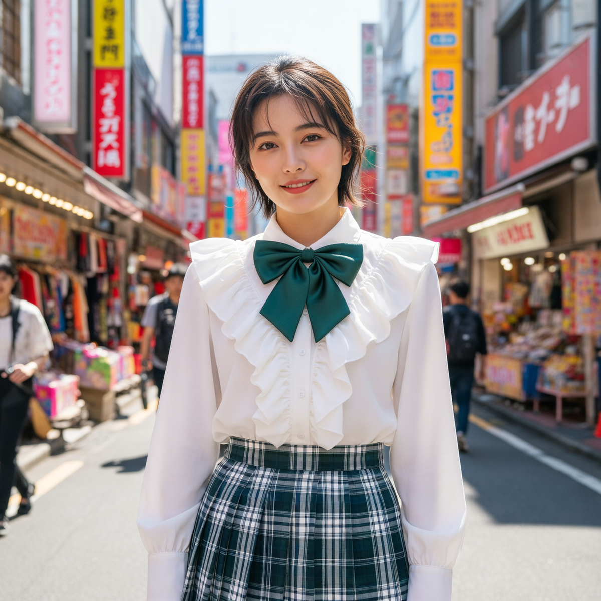 Satin JK seifuku bow tie worn with a Japanese school uniform collar