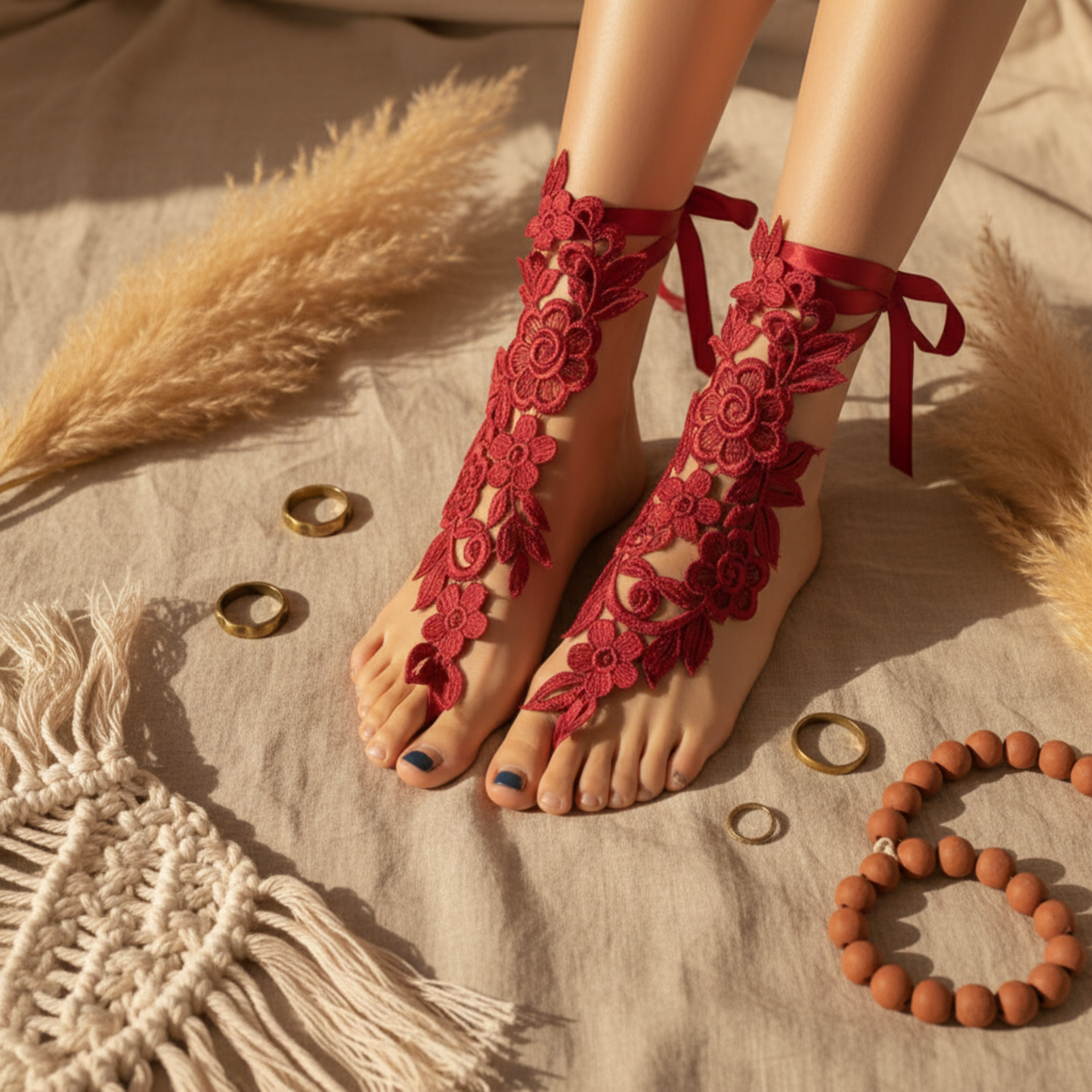 Close-up of red floral lace barefoot sandals worn on feet