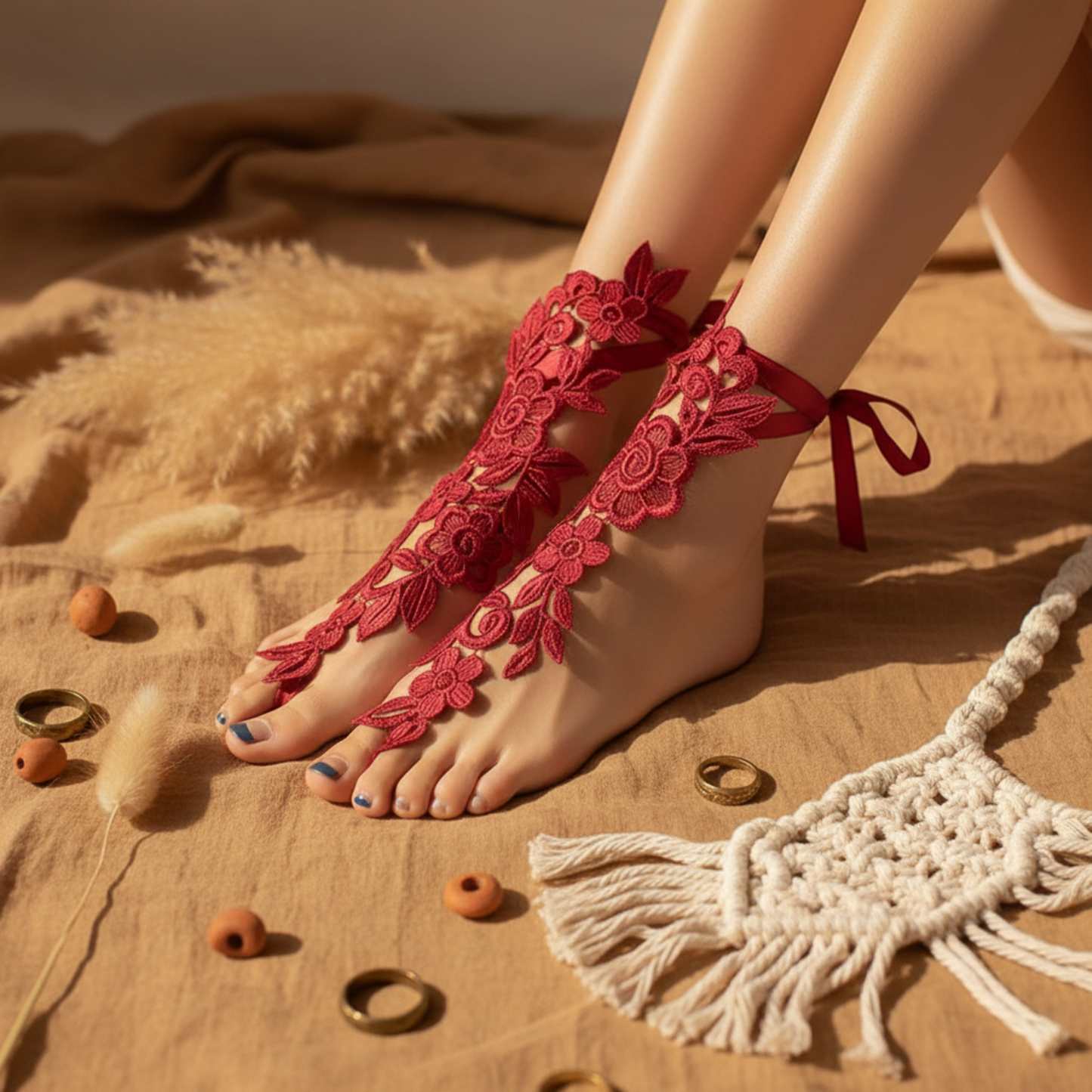 Red floral lace barefoot sandals worn on crossed feet with macrame rope