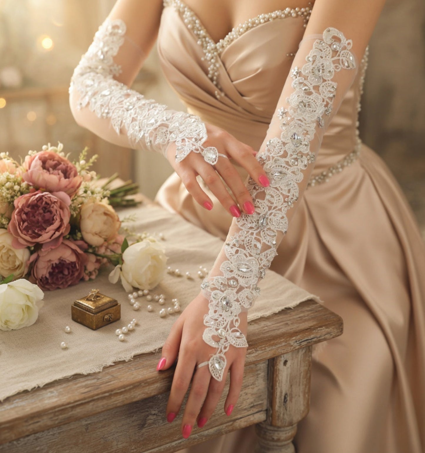 Ivory lace bridal glove resting near blush bouquet on vintage table