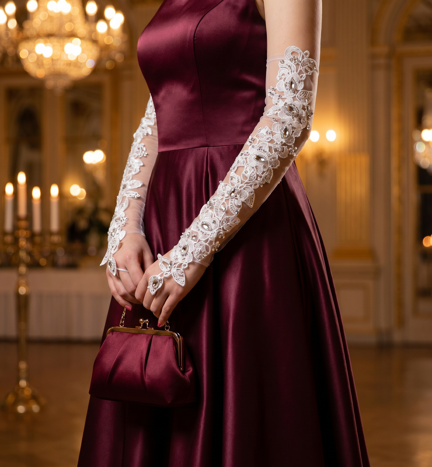 Woman in burgundy dress wearing rhinestone lace bridal gloves by candlelight