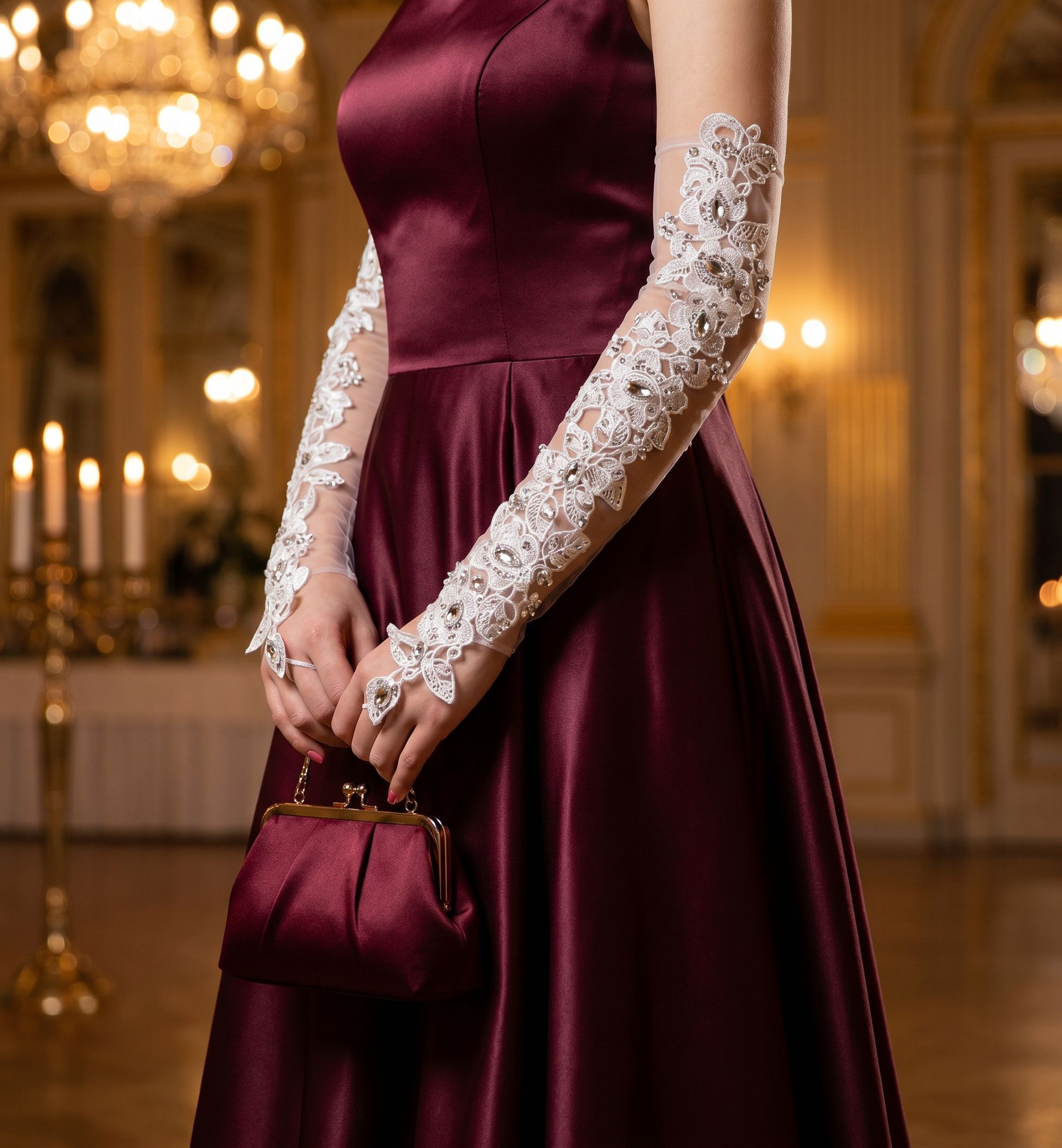 Woman in burgundy dress wearing rhinestone lace bridal gloves by candlelight