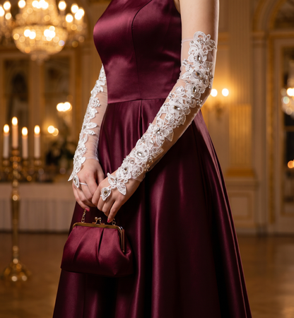 Woman in burgundy dress wearing rhinestone lace bridal gloves by candlelight