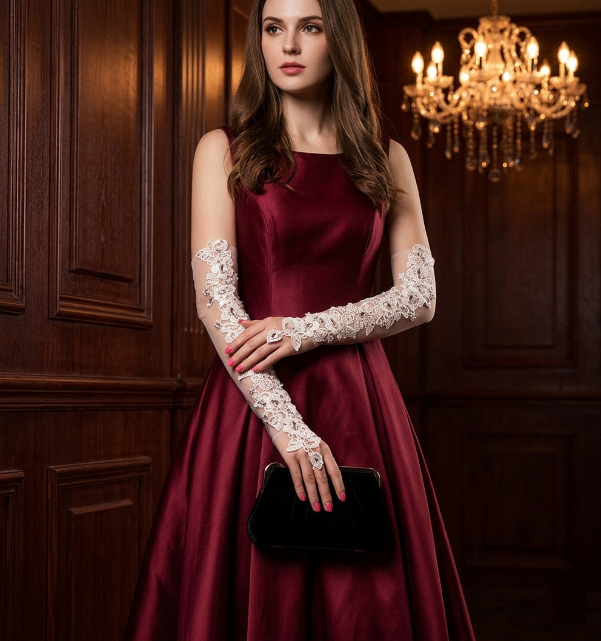 Woman in burgundy gown wearing long ivory lace bridal gloves under chandelier