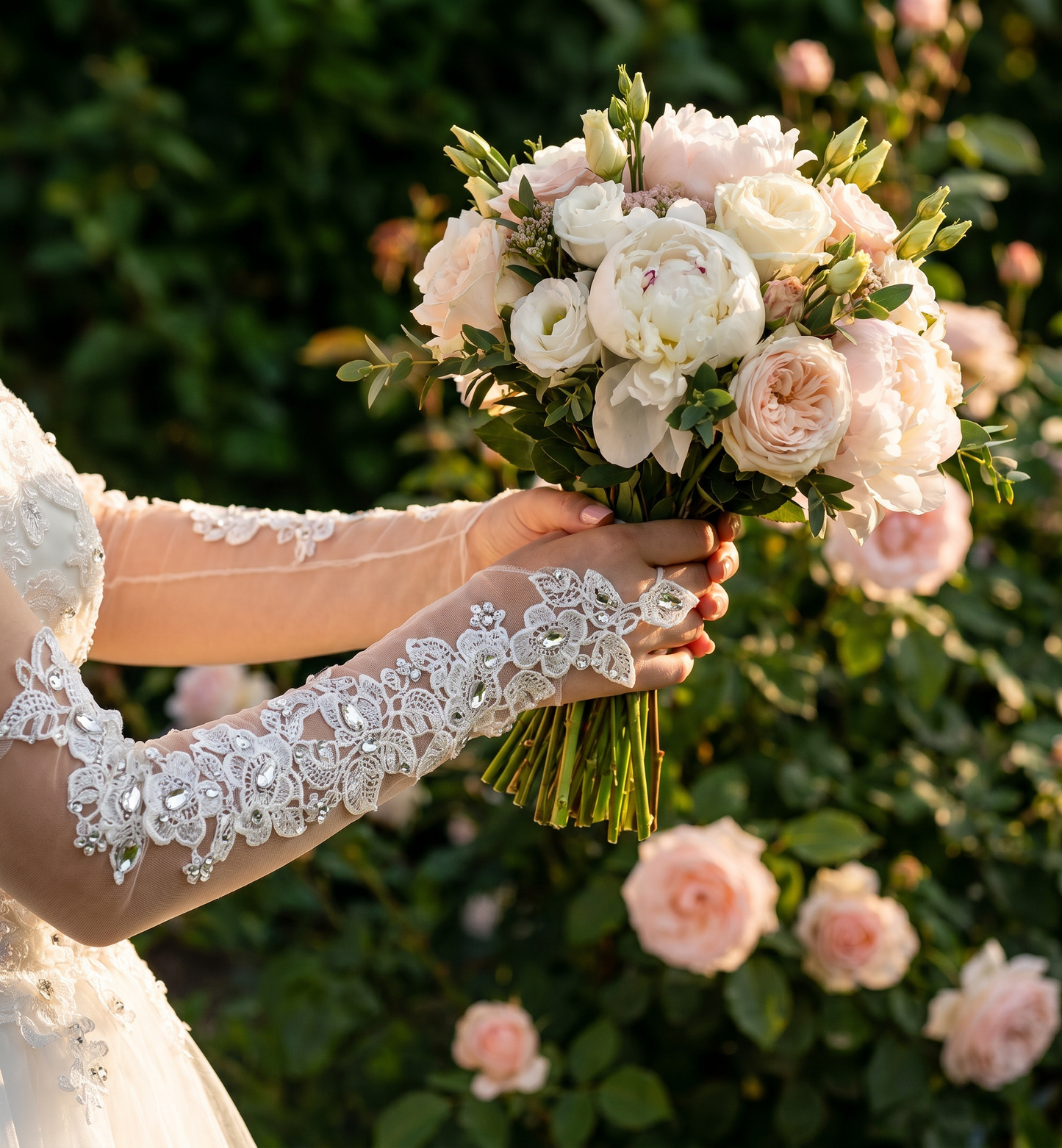Bride holding rose bouquet wearing long fingerless lace bridal gloves