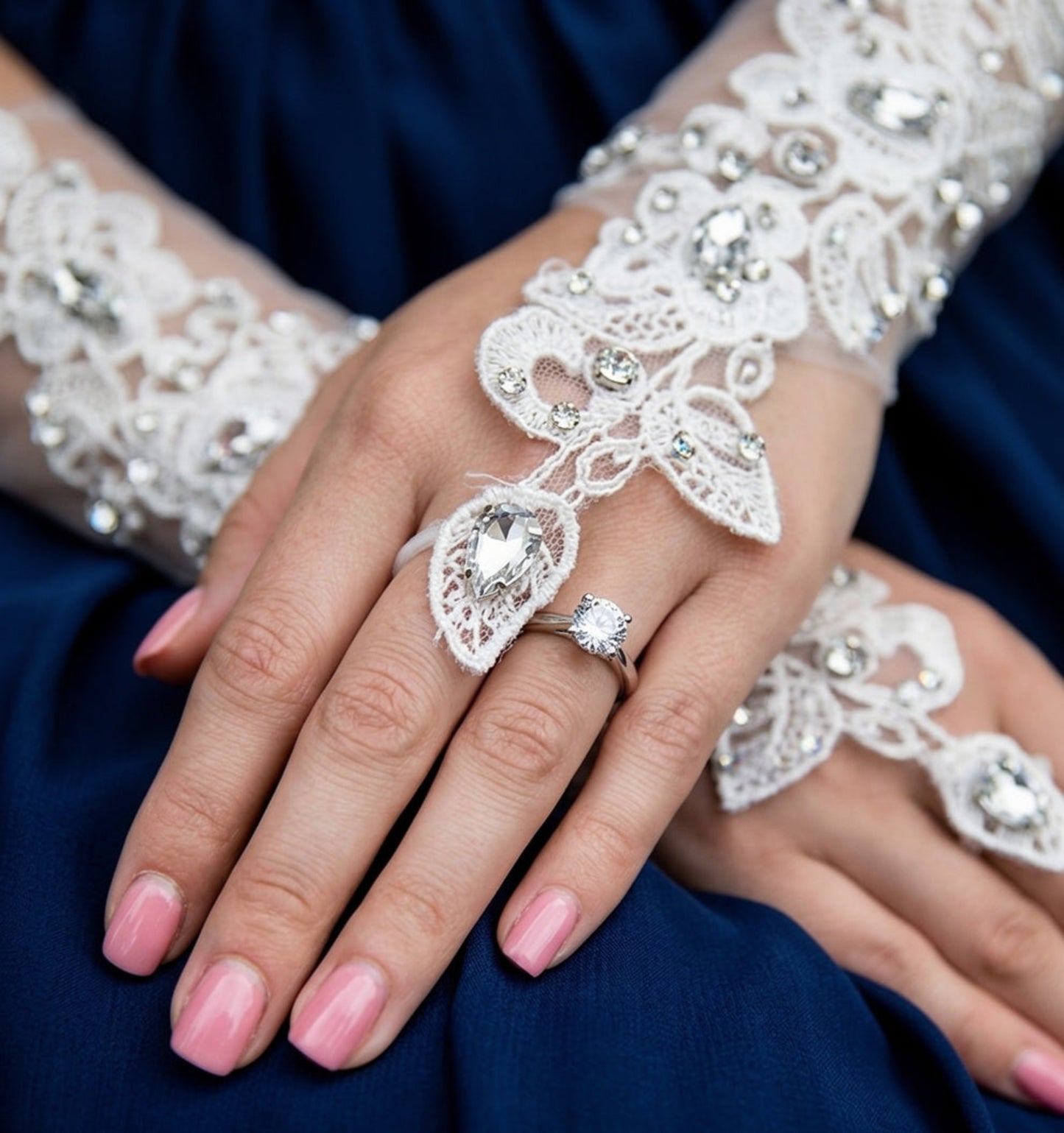 Close-up of fingerless lace bridal glove with ring loop detail on hand