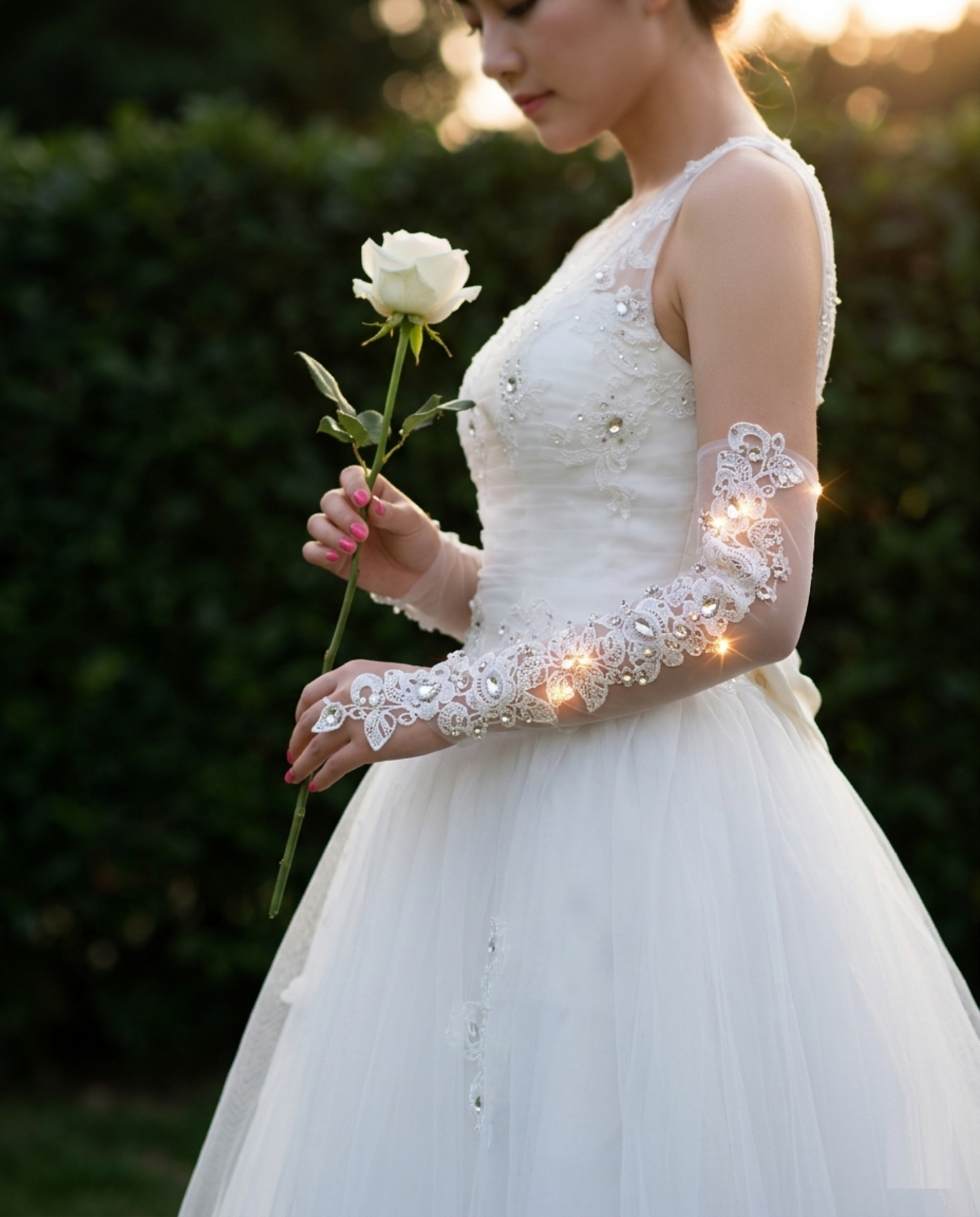 Bride in white wedding dress wearing rhinestone lace gloves holding a rose