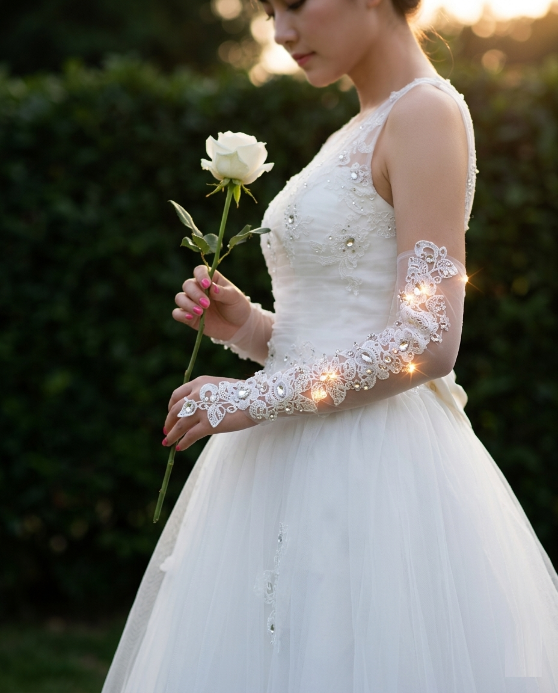 Bride in white wedding dress wearing rhinestone lace gloves holding a rose