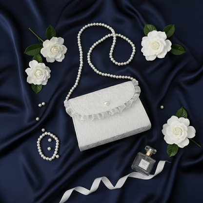 White lace crossbody bag with pearl chain and flowers on navy silk