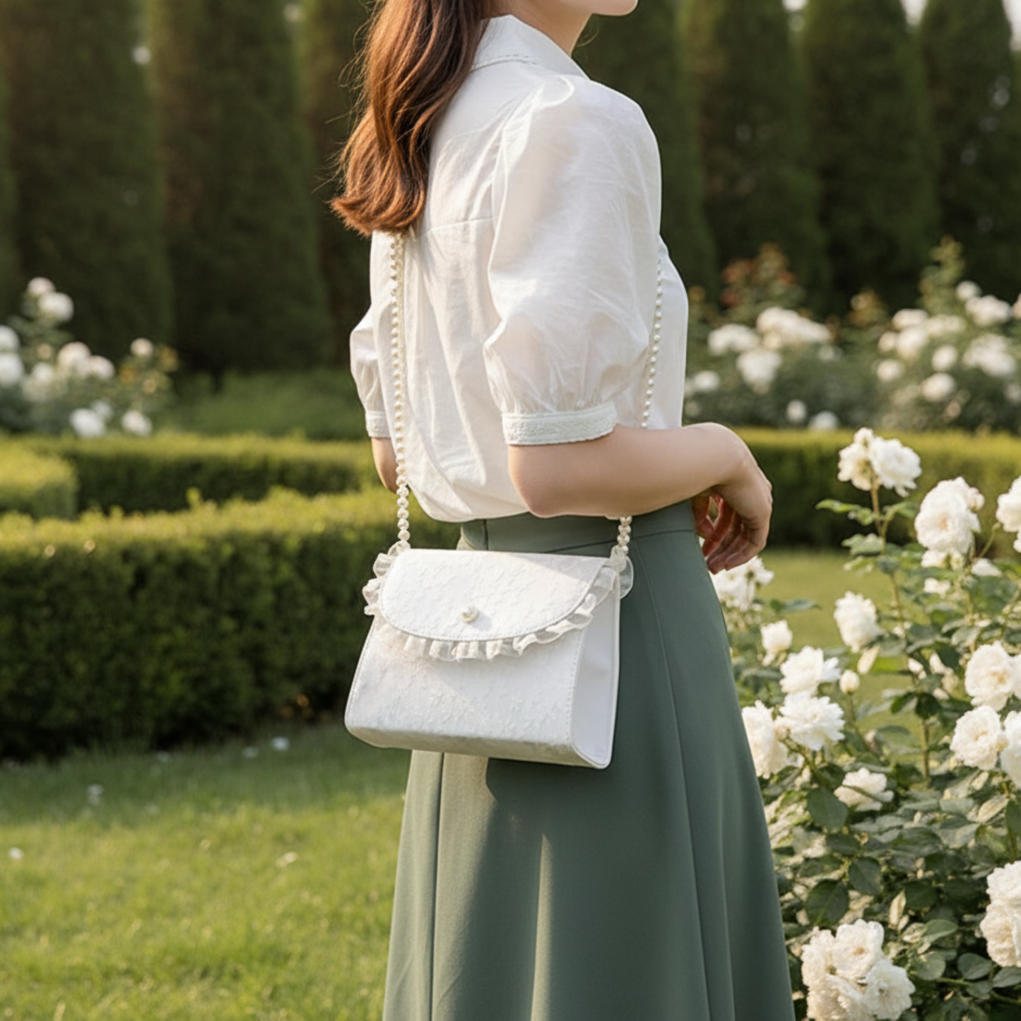Woman wearing lace crossbody bag in rose garden with green skirt