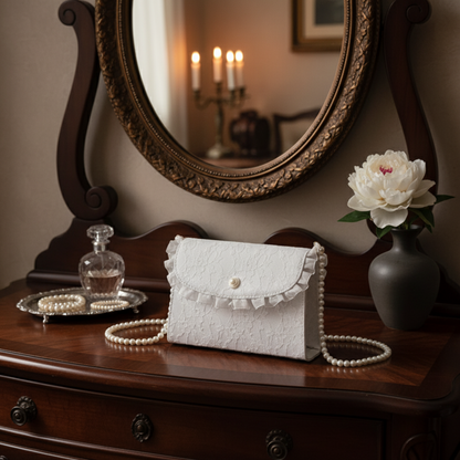 White lace crossbody bag on vanity table with mirror and candlestick