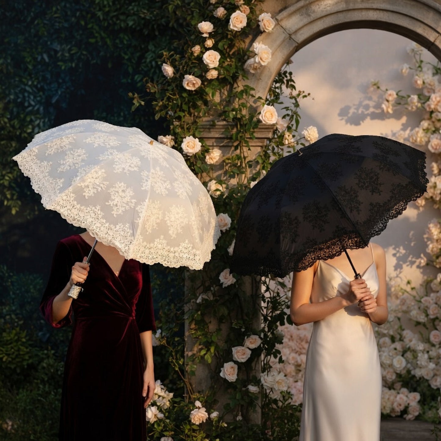 Couple with lace embroidery umbrellas under floral archway