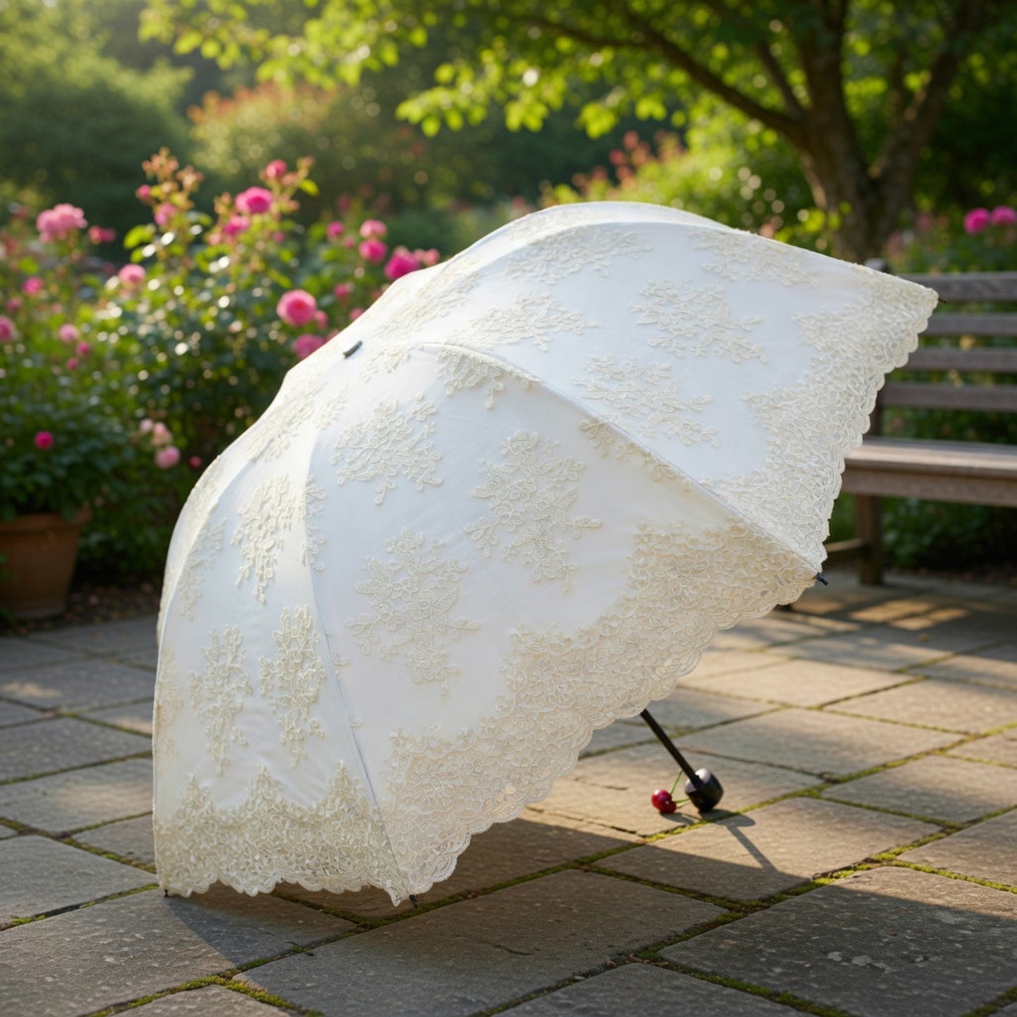 White lace embroidery umbrella on garden path