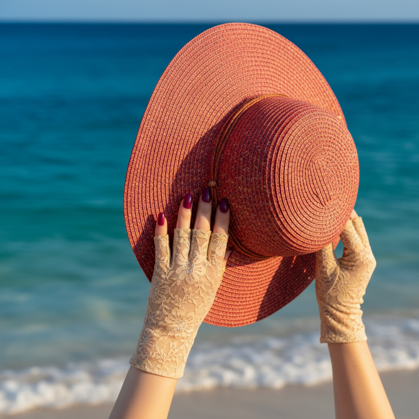 Beige lace fingerless gloves holding a straw sun hat at the beach