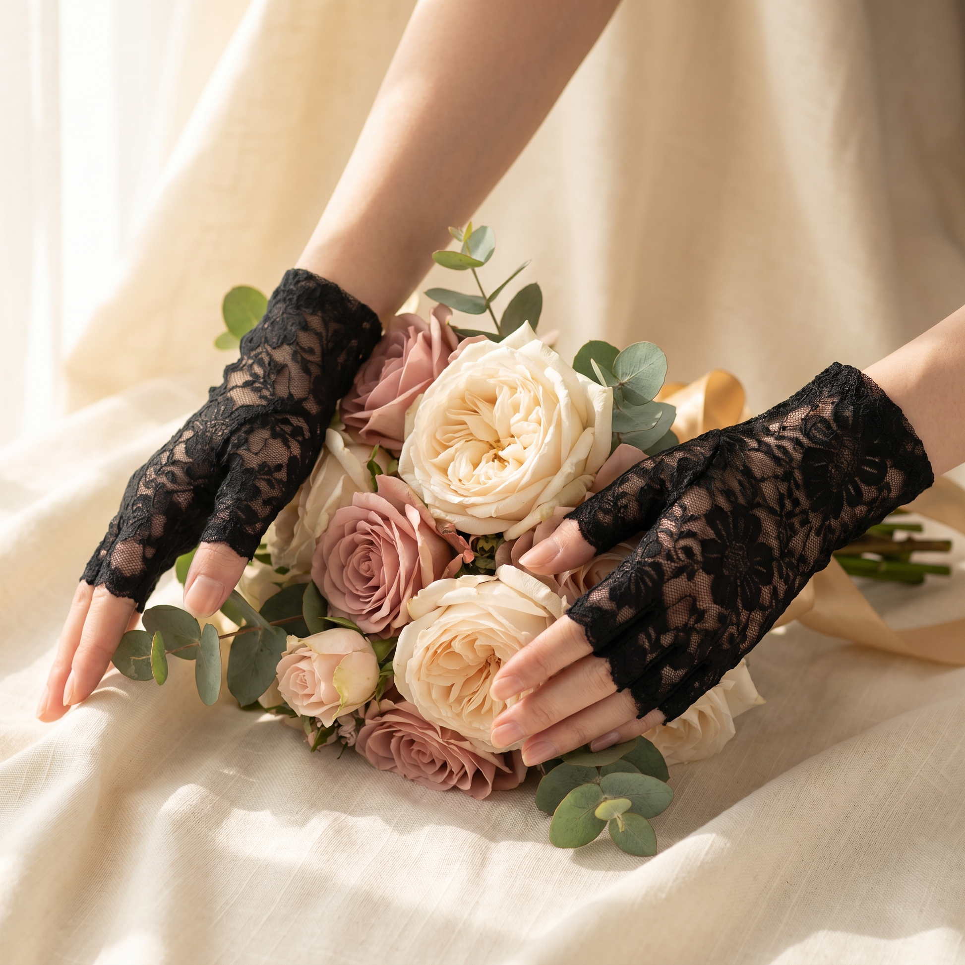 Bride holding pink and white bouquet wearing black lace fingerless gloves