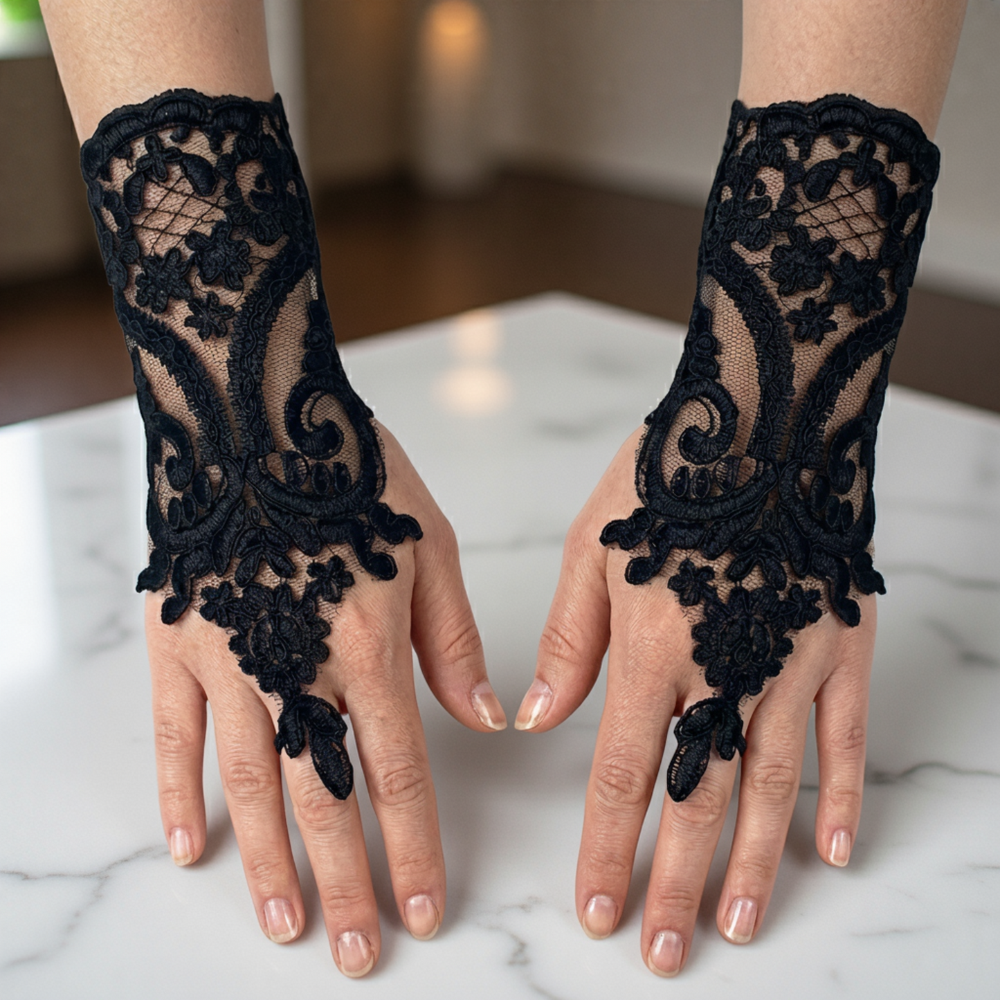 Bride's hands wearing black embroidered lace fingerless gloves