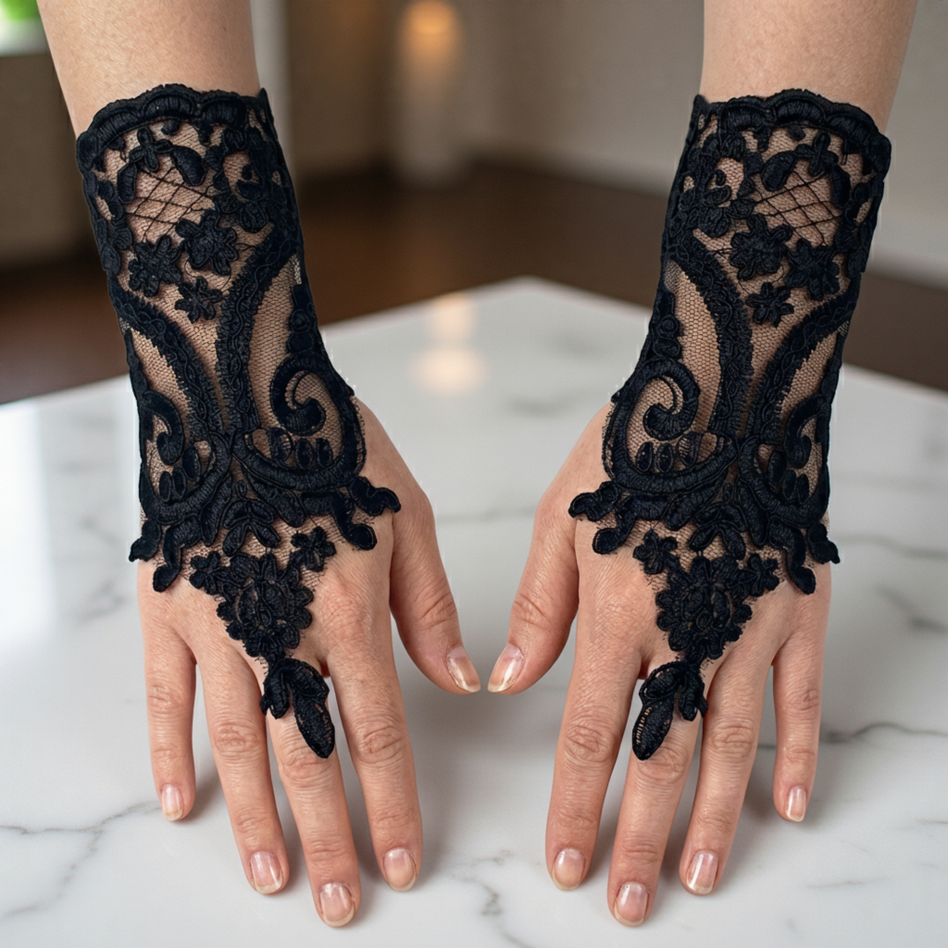 Bride's hands wearing black embroidered lace fingerless gloves