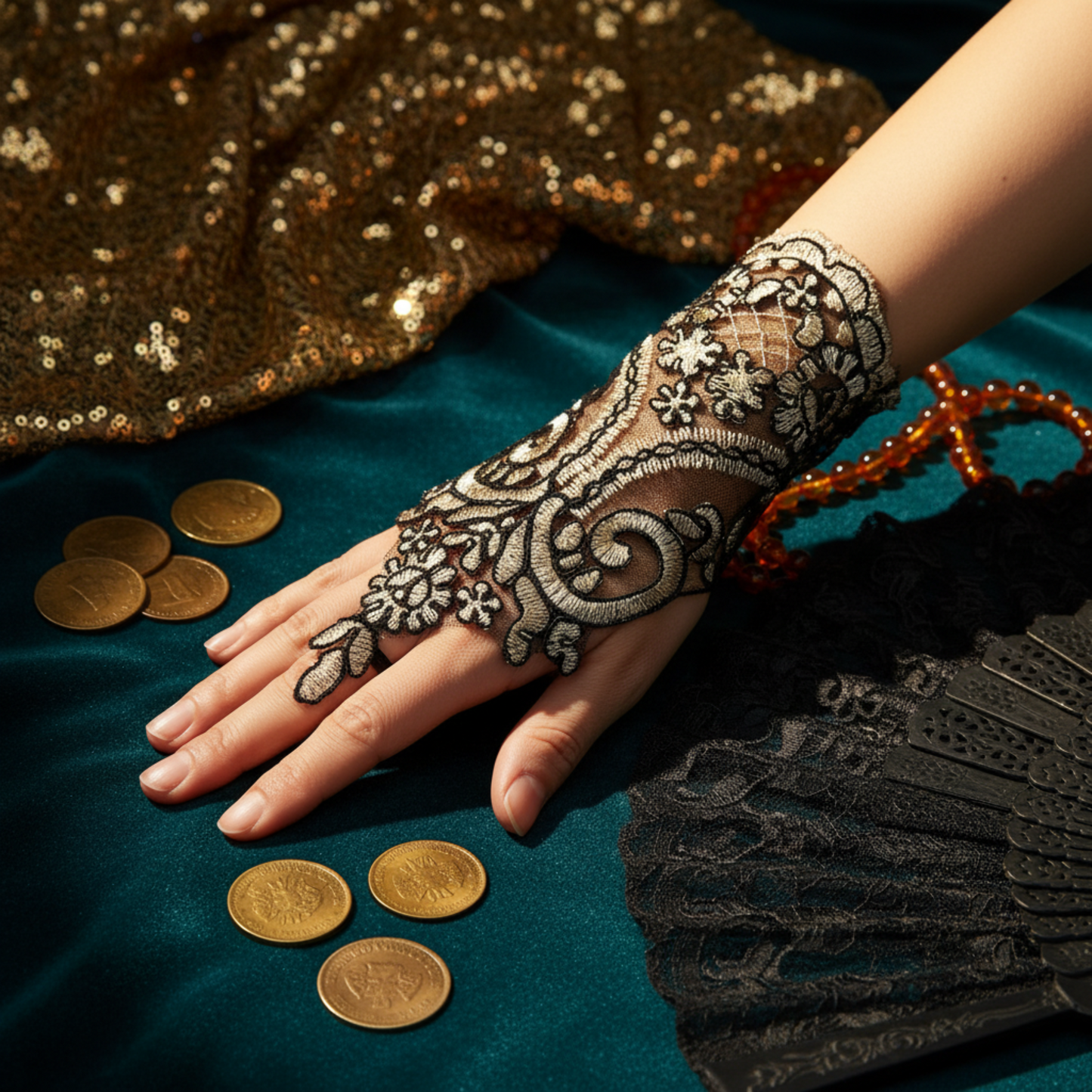 Black lace fingerless glove with henna-style hand detail and coins